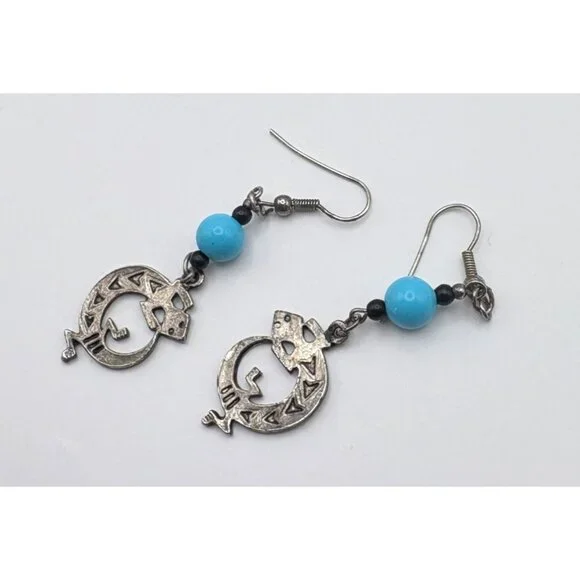 Vintage Lizard Dangle Earrings Silver Tone With Bead Accents Desert Gecko - Picture 3 of 6